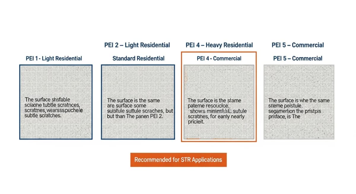 Diagram: porcelain enamel institute (PEI) tile rating scale shown as four progressive panels labeled PEI 2, PEI 3, PEI 4, and PEI 5 — each panel shows the same tile pattern with progressively higher use-rating glaze and surface hardness, with the recommended STR application zone highlighted in burnt orange (PEI 4 and 5)