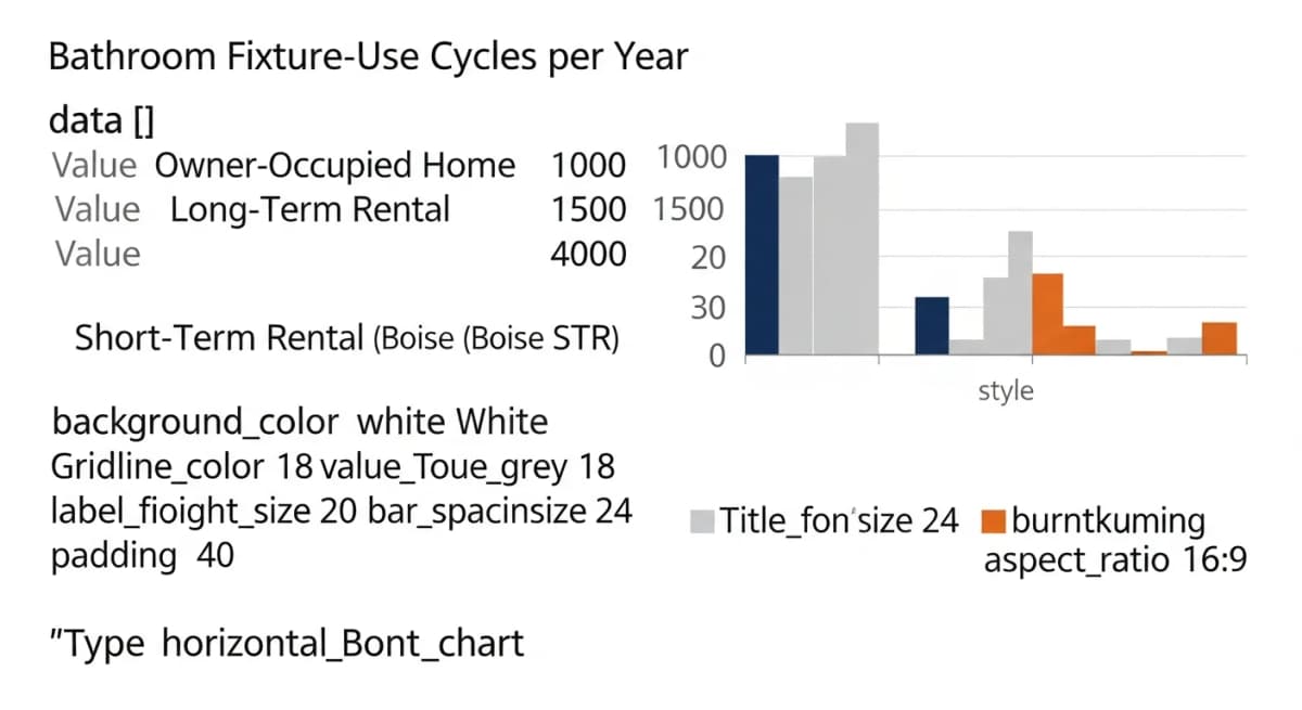 Diagram: comparison chart showing typical bathroom wear cycles per year for three property types — owner-occupied home (~1,000 fixture uses per year), long-term rental (~1,500 fixture uses), short-term rental (~3,000-6,000 fixture uses across 100-200 guest stays) — with the dramatic difference visualized using proportional bar lengths