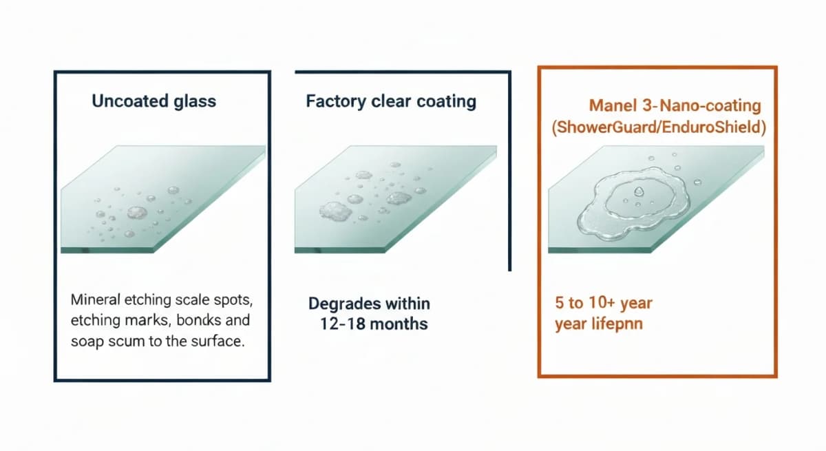 Side-by-side comparison diagram showing three glass coating treatments at 18 months of STR-frequency cleaning — uncoated glass with visible mineral scale and etching, factory clear coating with reduced but visible buildup, and ShowerGuard or similar nano-coating with minimal buildup and easy-clean surface — each labeled with cost premium and lifespan extension