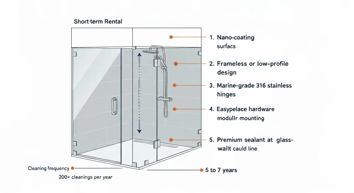 Architectural detail diagram of a short-term rental shower glass enclosure with five labeled specifications highlighted — anti-mineral coating treatment on the glass, frameless or low-profile hardware to eliminate cleaning crevices, marine-grade stainless steel hinges and hardware, easy-replace hinge system for maintenance, premium clear sealant at glass-wall transitions — with annotations on the cleaning-frequency assumption (200+ cleanings per year) and target lifespan (4-7 years)