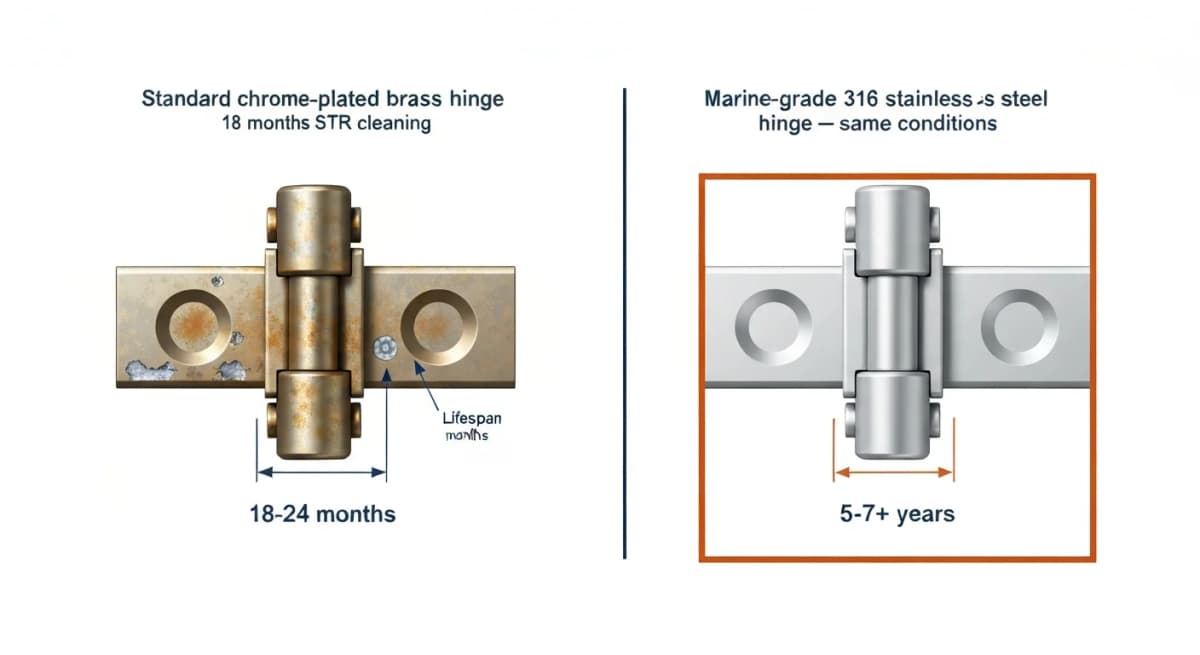 Cross-section diagram showing common shower glass hinge failure modes from aggressive STR cleaning — standard chrome-plated brass hinge with cleaner-induced corrosion visible at the pivot points, marine-grade 316 stainless steel hinge in the same conditions showing no corrosion, and a labeled comparison of the typical 18-month vs 5-year hinge lifespan for each