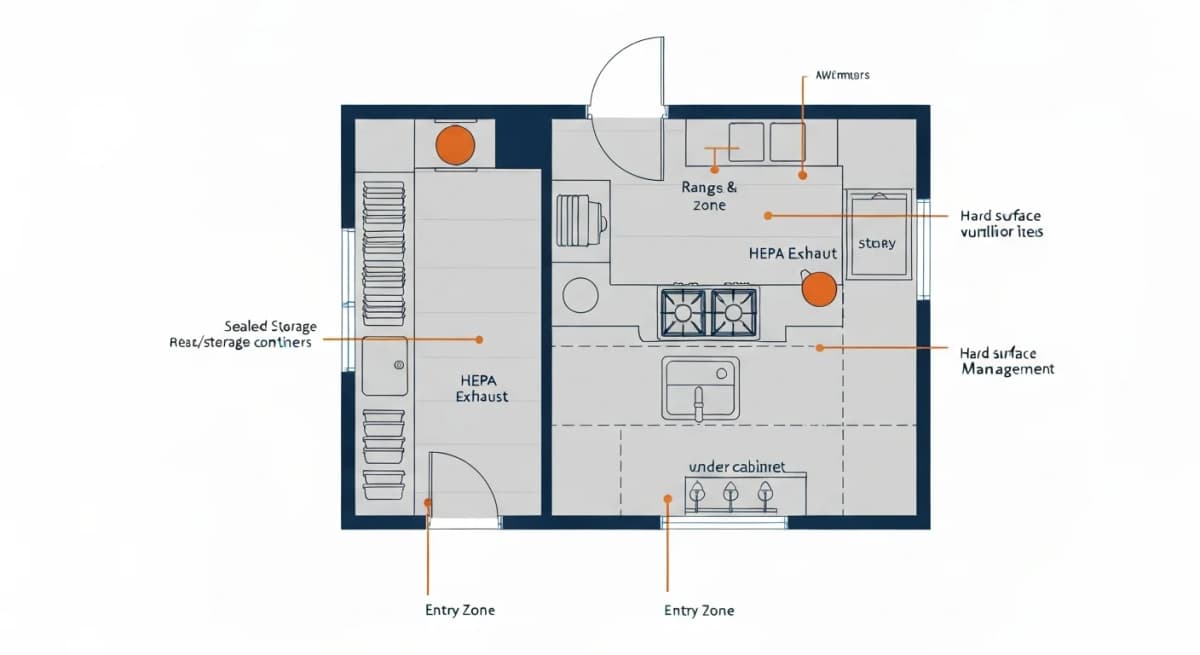 Diagram: kitchen floor plan with allergen-management zones highlighted — pantry storage with allergen-friendly materials, range hood with HEPA exhaust, low-VOC paint and finishes throughout, hard-surface countertops, ventilated cabinet bases for moisture management — each zone labeled with the specific allergen consideration addressed