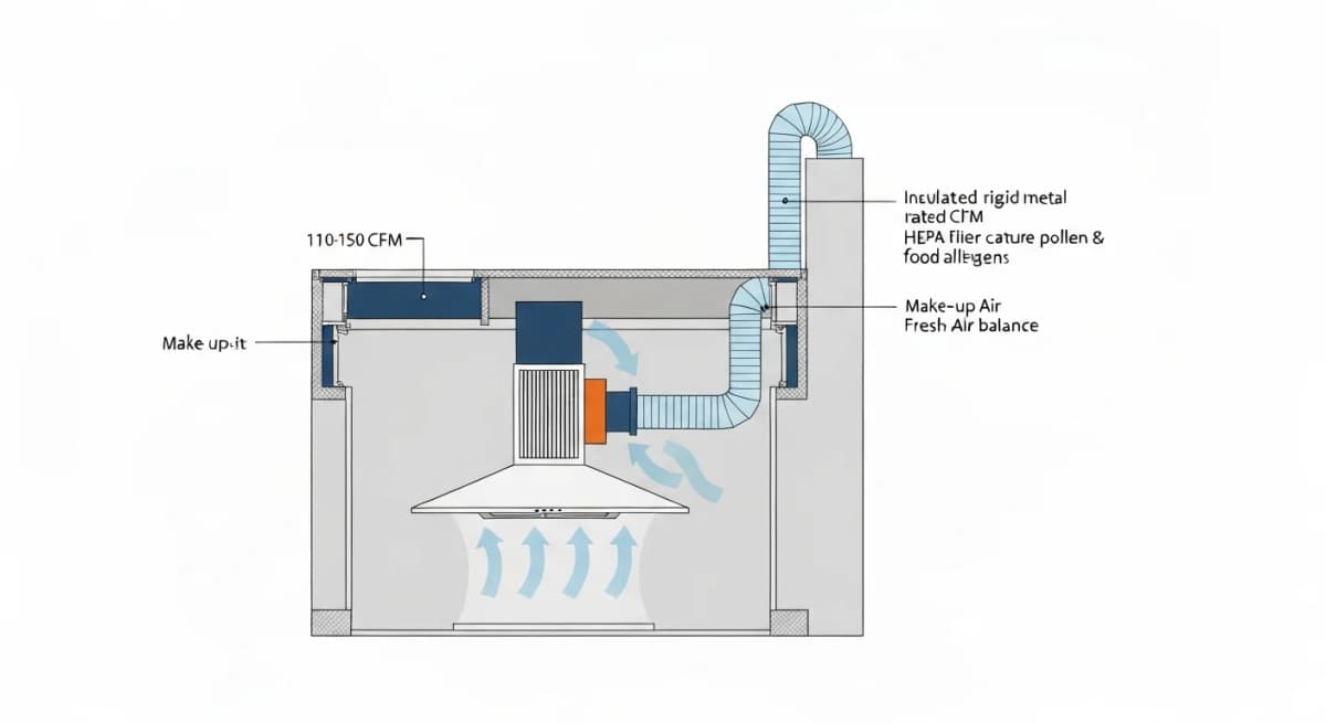 Diagram: HEPA-grade range hood installation showing the integrated filtration cartridge in the exhaust path, oversized 110-150 CFM fan, rigid metal duct routed directly to exterior, sealed ceiling housing preventing air leak into the room, and labeled make-up air for high-CFM operations