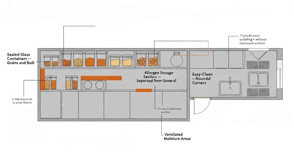 Diagram: kitchen storage zones designed for allergen management — sealed glass-front pantry containers for grain and bulk storage to prevent pest access, dedicated drawers for allergen-containing foods kept separate from main cooking zones, easy-clean shelving systems with rounded corners and no dust-collecting edges, and labeled venting for moisture-prone storage areas