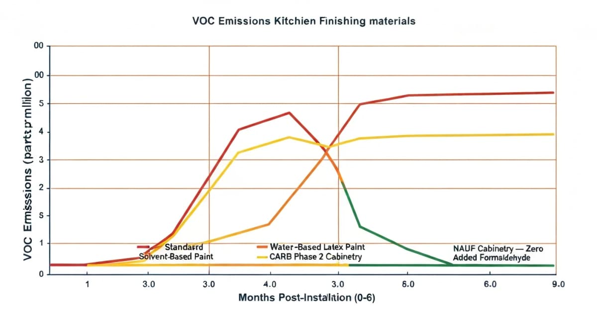 Comparison: VOC emissions timeline showing four kitchen finishing materials over 6 months post-installation — standard solvent-based paint (high emission, sustained release), water-based paint (moderate emission, fast decay), CARB Phase 2 cabinetry (low emission), and NAUF cabinetry (zero formaldehyde, minimal emission) — each plotted on a chart showing parts-per-million over time