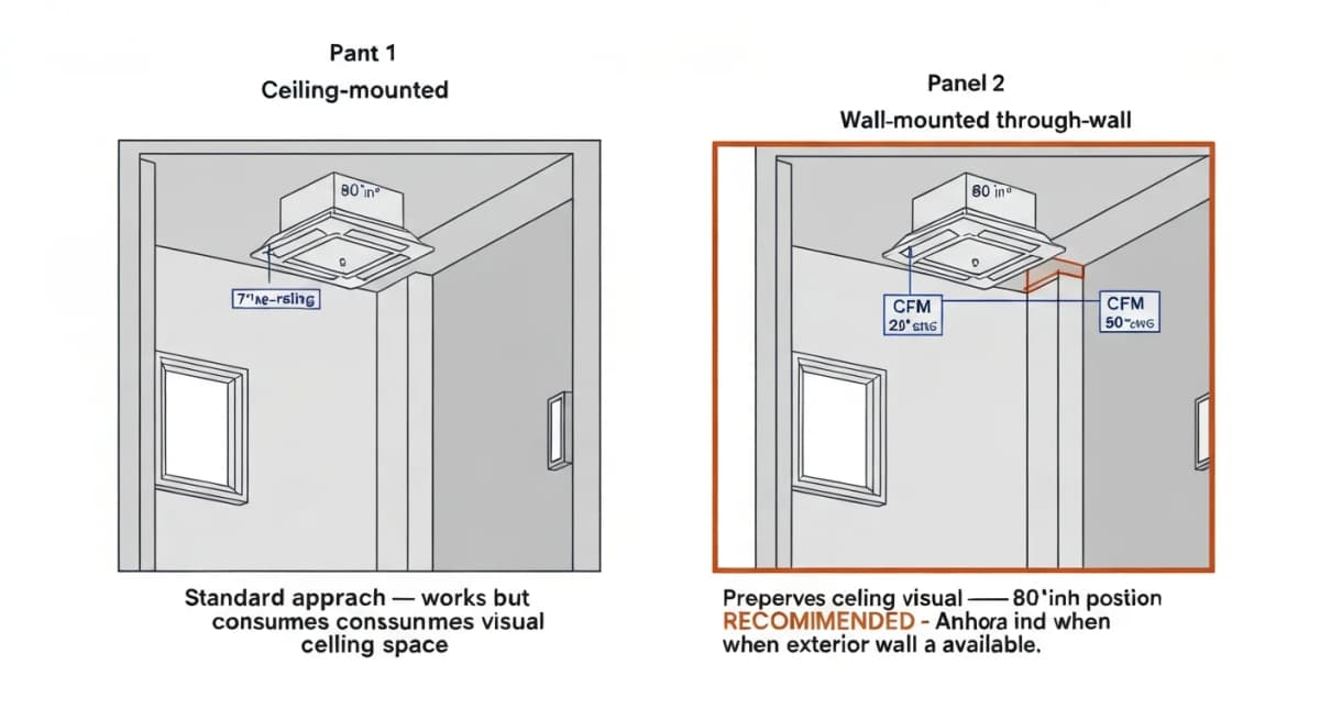 Architectural detail diagram comparing two exhaust fan installation options in a 7-foot ceiling — option 1 standard ceiling-mounted fan with limited overhead clearance, option 2 wall-mounted fan vented through exterior wall at high-on-wall position with better integration in the constrained ceiling height, each labeled with CFM ratings, noise levels in sones, and Boise-specific code compliance notes