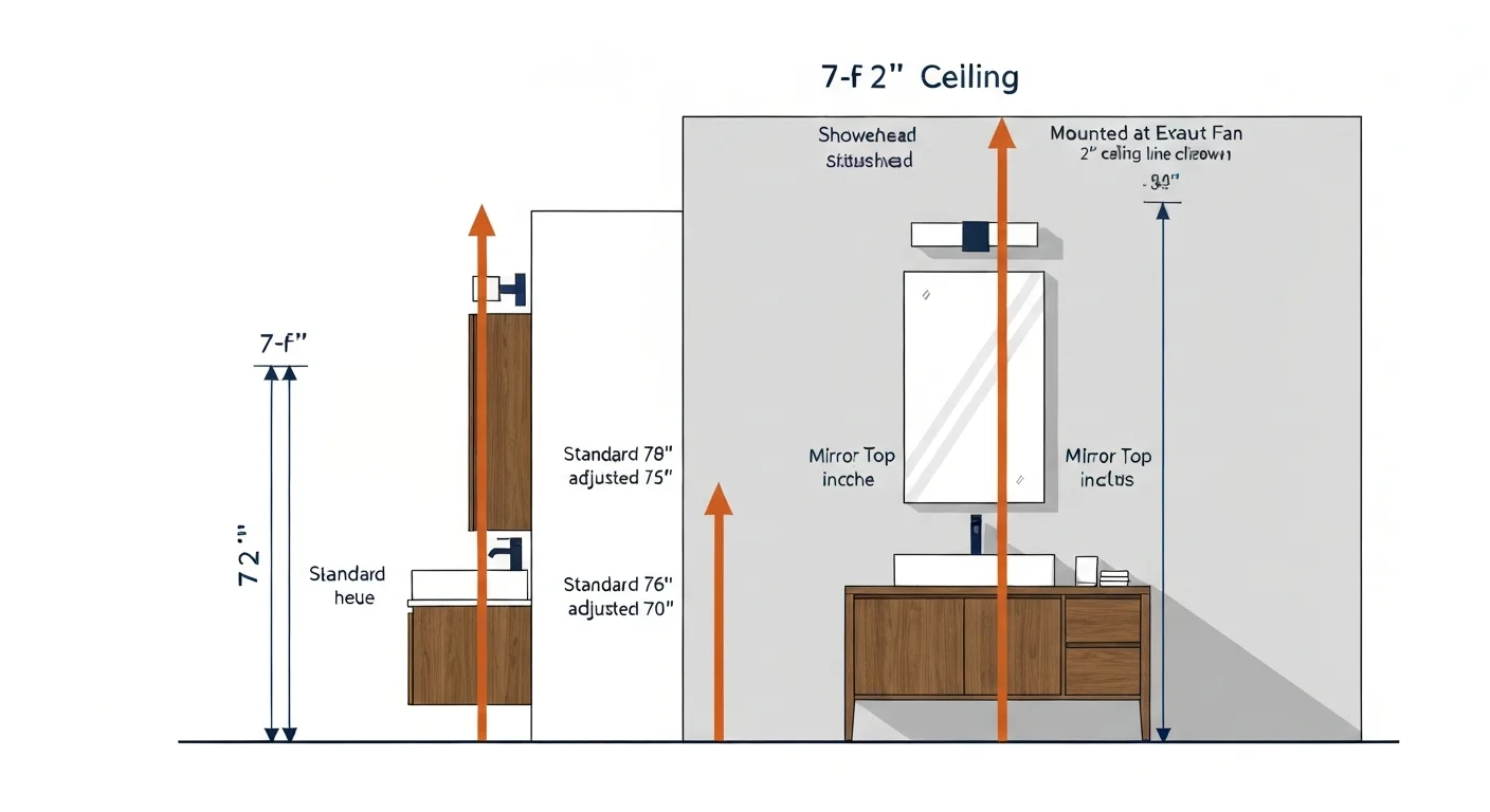 Side-elevation diagram showing four bathroom fixtures with their mounting heights adjusted for 7-foot ceilings — showerhead at 76 inches (vs standard 80), vanity light fixture at 75 inches (vs standard 78), mirror top at 72 inches (vs standard 76), exhaust fan ceiling-mounted at 84 inches showing only 2-inch ceiling clearance — with annotations explaining the reasoning