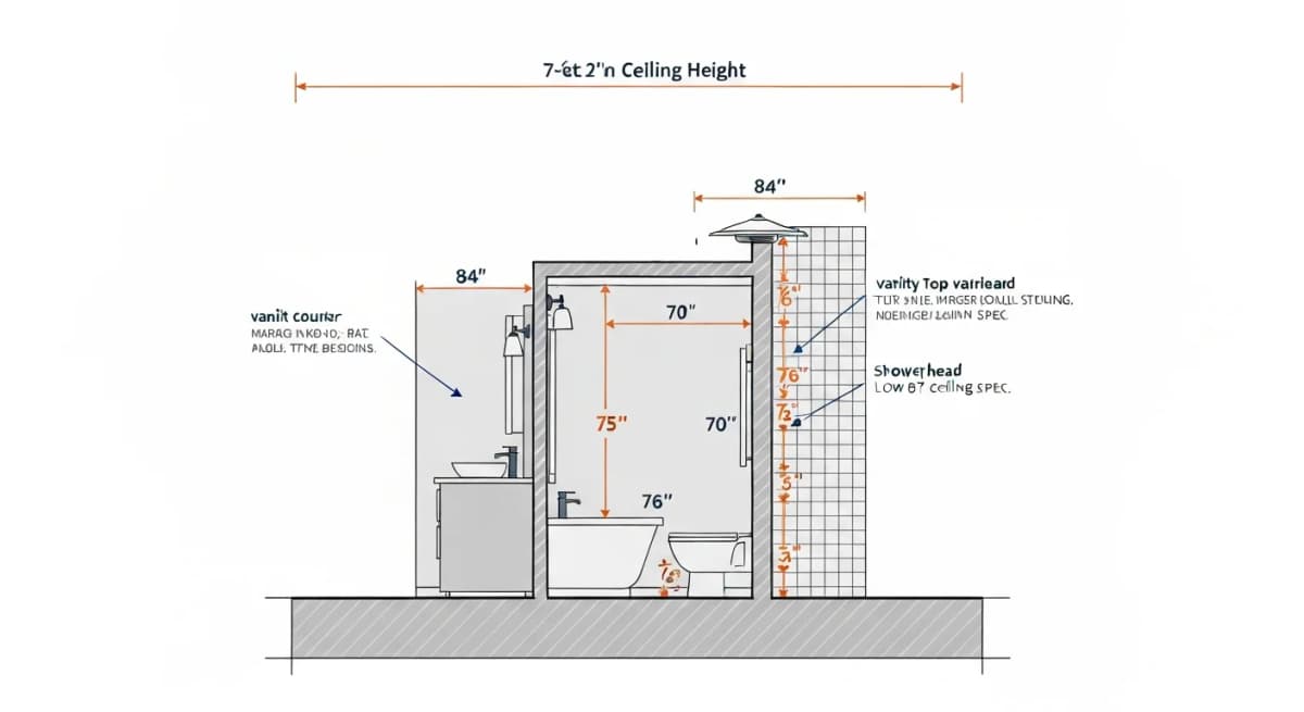 Architectural side-elevation diagram of a pre-1960 Boise bathroom with 7-foot 2-inch ceiling height clearly labeled, showing the proportional differences from standard 8-foot residential bathrooms — tile rises labeled, vanity height, shower height with showerhead clearance, light fixture mounting heights, exhaust fan placement, all annotated with the specific dimensional adjustments needed