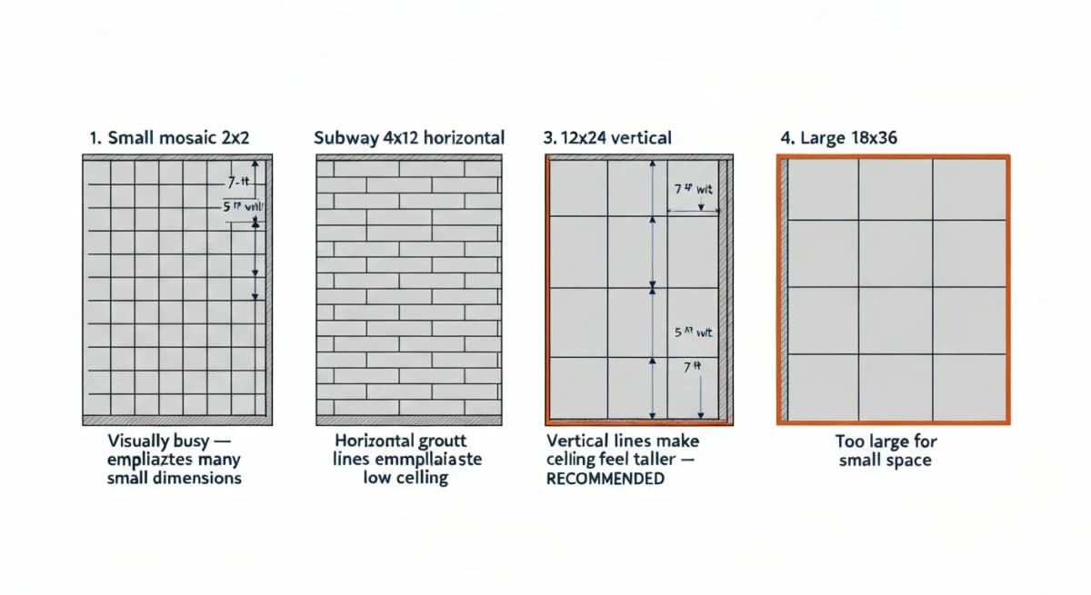 Side-by-side comparison diagram showing four bathroom wall tile sizes in a 7-foot ceiling context — small 2x2 mosaic tile creating visually busy proportions, 4x12 subway tile in horizontal orientation, 12x24 rectangular tile in vertical orientation (the recommended approach), and large-format 18x36 tile that overwhelms the small space — each labeled with proportion analysis and recommendation reasoning