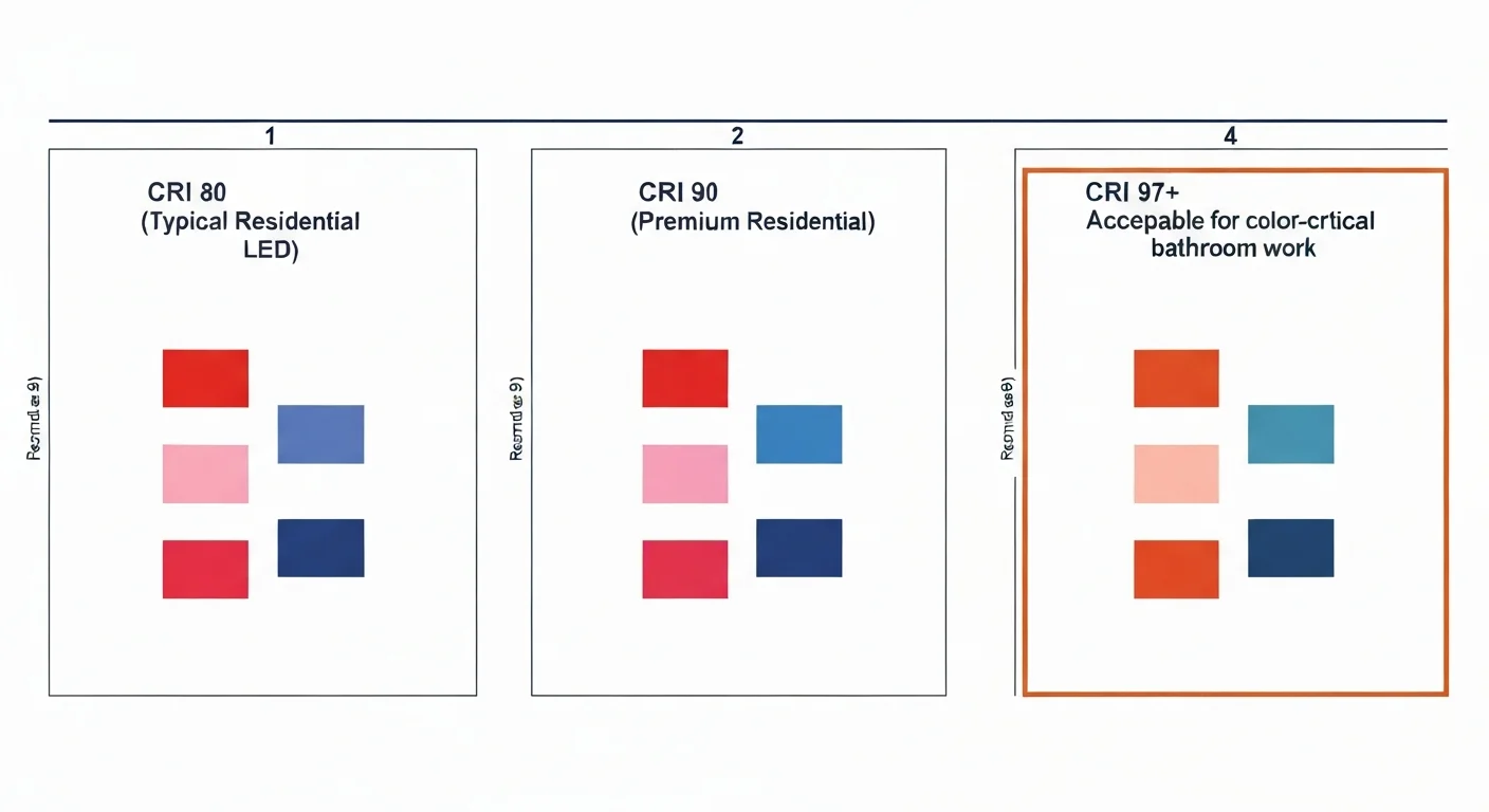 Comparison diagram showing color rendering at four different CRI ratings — CRI 80 (typical residential LED) showing washed-out color rendering, CRI 90 (premium residential) showing improved color accuracy, CRI 95 (professional-grade) showing accurate color, CRI 97+ (studio-grade) showing essentially perfect color rendering — each panel includes a color swatch palette and a stylized portrait/skin-tone reference showing the color difference