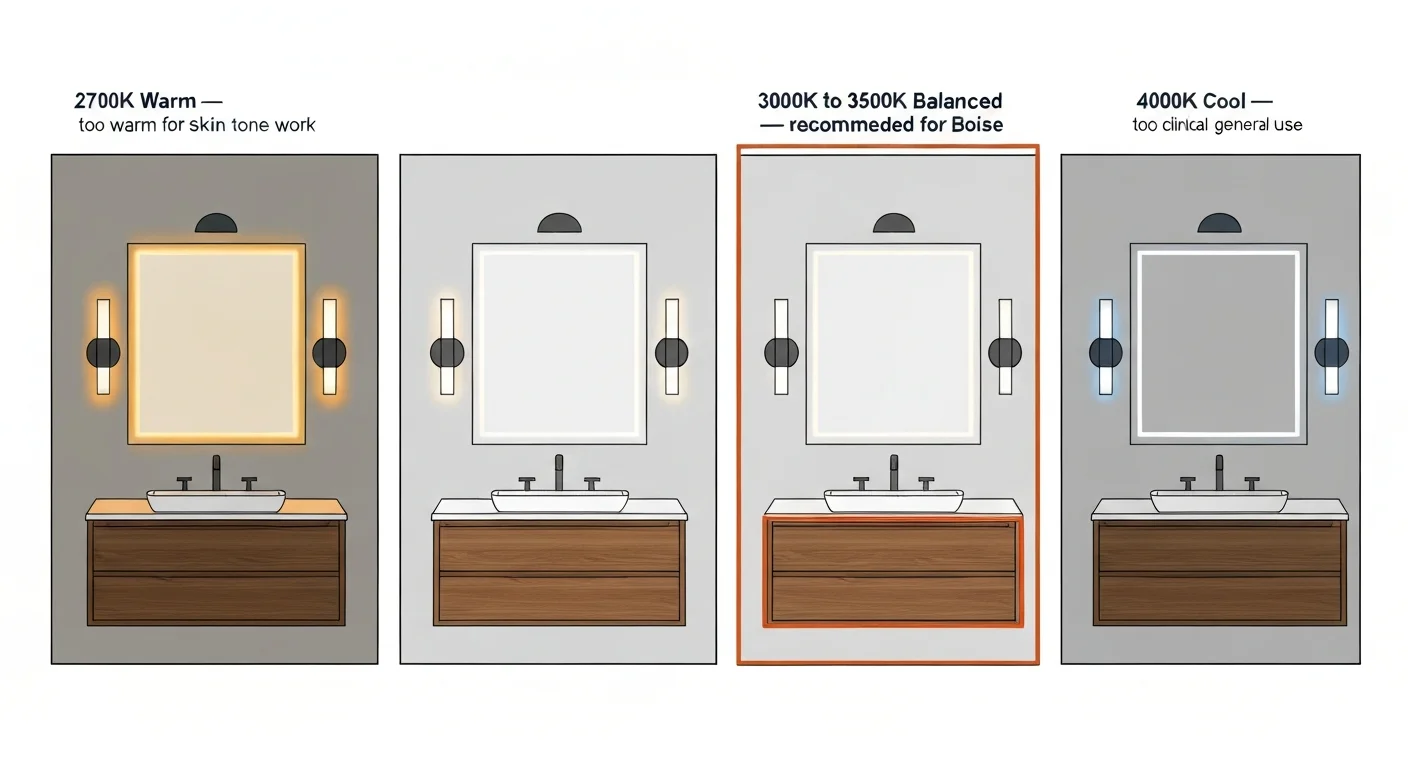 Architectural elevation diagram of a bathroom vanity with three labeled light fixture options showing the color rendering effect of each — 2700K warm light with yellow-orange tint on the mirror surface, 3000K balanced light with neutral white tone, 4000K cool light with blue-white tint — with annotations indicating how each Kelvin temperature affects skin tone perception during getting-ready tasks