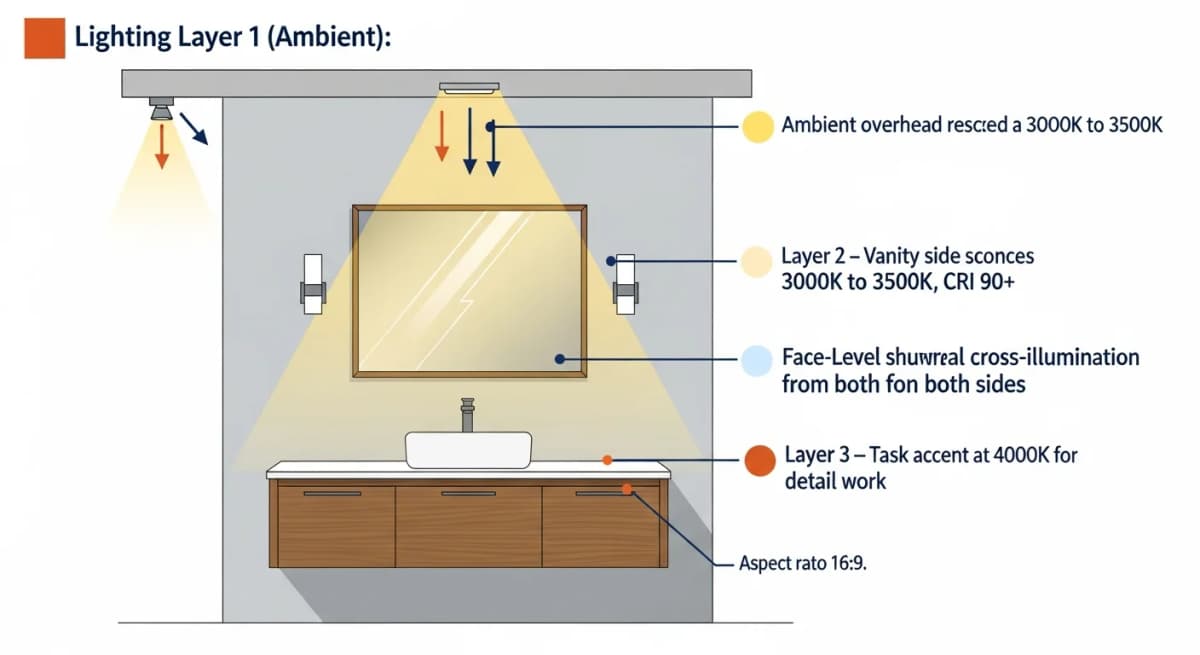 Architectural elevation diagram of a bathroom vanity with three lighting layers labeled — ambient overhead recessed cans at 3000K for general illumination, vanity side sconces or vertical wall lights at 3000K for face shadow reduction, and small task accent lights at 4000K for detail work, with each layer's purpose and recommended Kelvin temperature called out