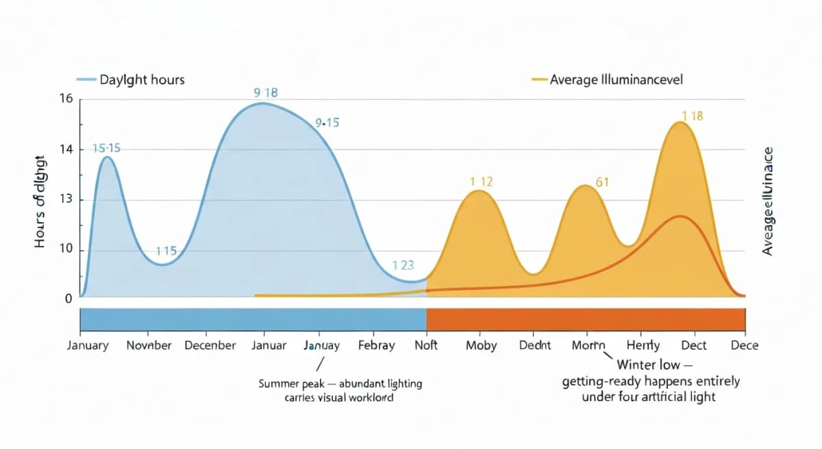 Annual daylight chart showing Boise's daylight hours and average illuminance across the 12 months of the year — summer peak around 15 hours of daylight at high illuminance, winter low around 9 hours of daylight at much lower illuminance — with annotations indicating how interior bathroom lighting needs to compensate during low-daylight months