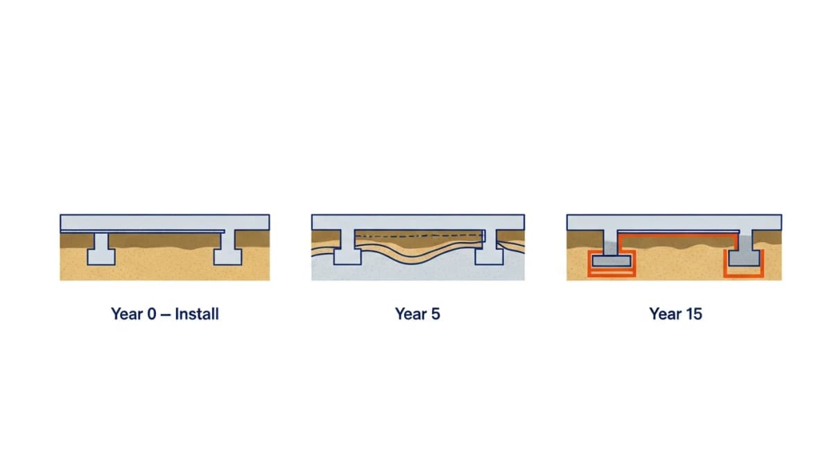 Illustration: time-series cross-section showing a slab-on-grade foundation on clay-loam soil at year zero (level), year five (slight differential settlement at slab edges), and year fifteen (visible cracking at saw-cut joints due to seasonal clay expansion and contraction)