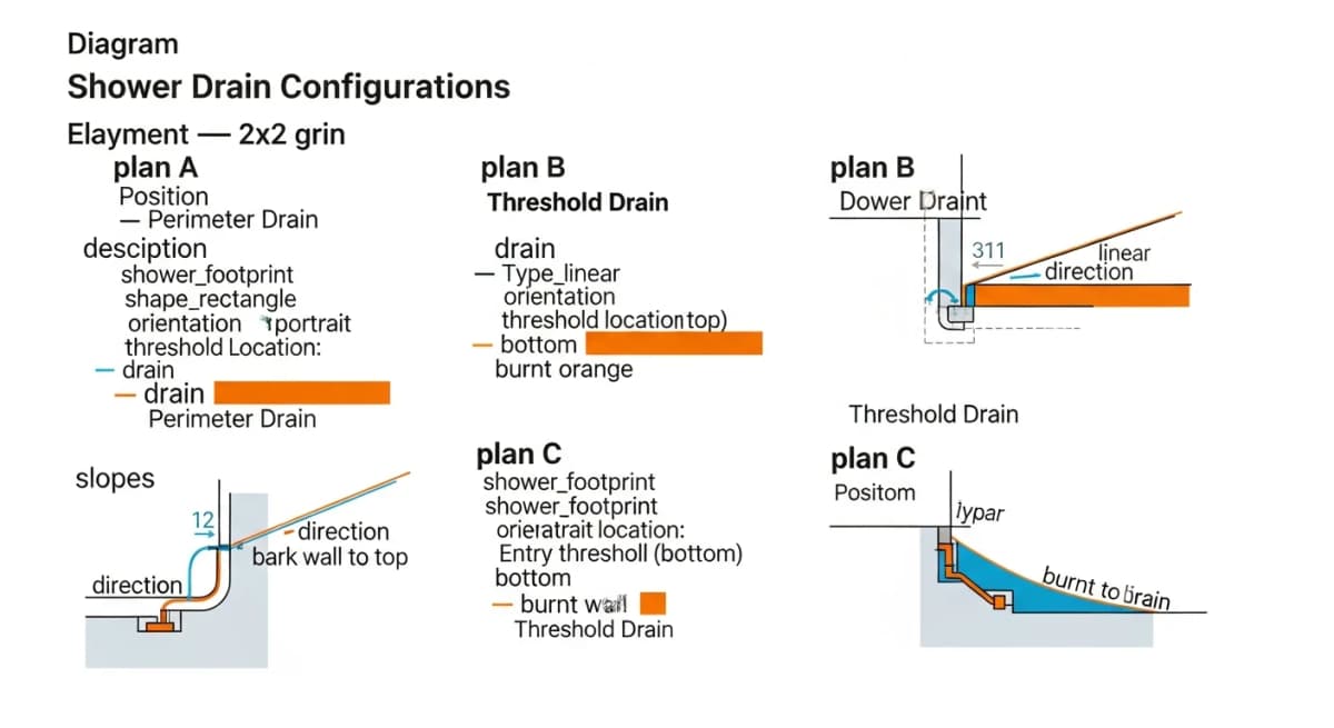 Diagram: four overhead views of curbless shower floor plans showing different linear drain placement options — perimeter drain against far wall, threshold drain at the entry, center point drain with two-way slope, and a two-slope hybrid — each labeled with slope direction arrows