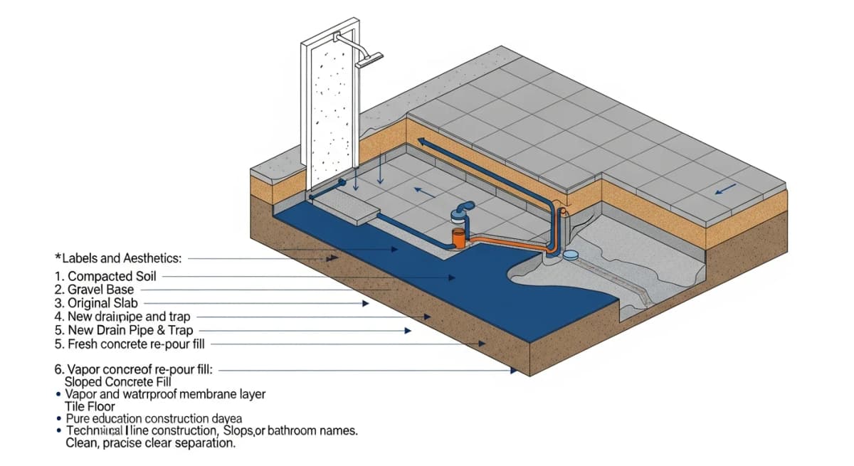Diagram: cross-section of a slab-on-grade bathroom floor showing a saw-cut for new linear drain installation, sloped concrete fill toward the drain, waterproof membrane over the entire surface, and tile finish — all in isometric architectural style
