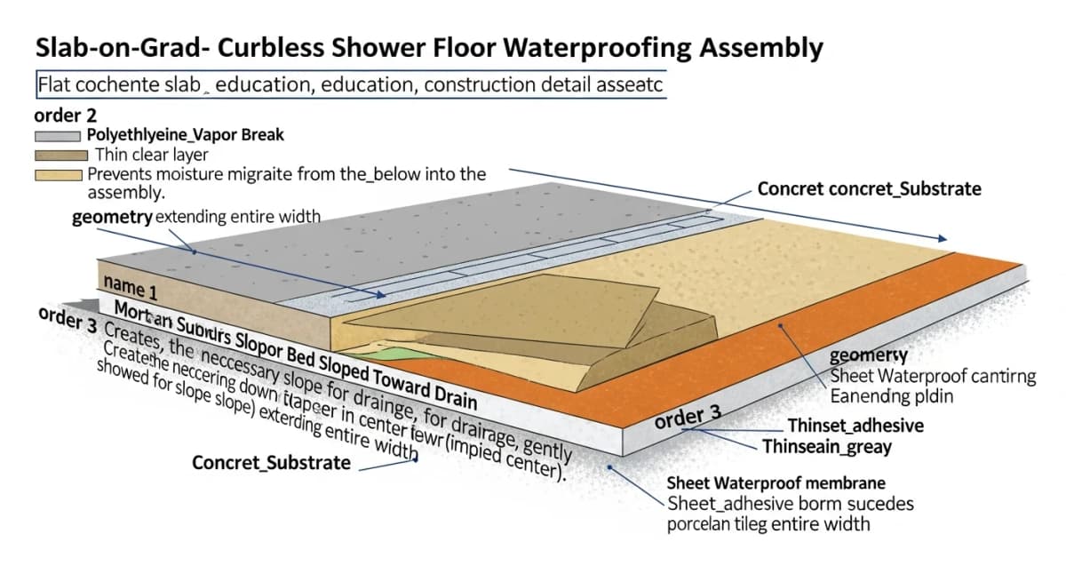 Diagram: layer-by-layer cross-section showing the proper waterproofing assembly for a slab-on-grade curbless shower — concrete substrate, vapor break, mortar bed sloped to drain, sheet membrane (Schluter KERDI style) over the entire shower floor extending across the bathroom, thinset, and tile