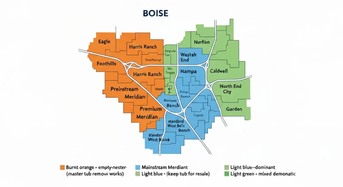 Boise-area map diagram in flat technical illustration style showing the neighborhoods where empty-nester buyer demographics dominate — Eagle, foothills, premium Meridian subdivisions, Harris Ranch, East End — with overlay indicating buyer median age and typical bath-count preferences, distinguished from family-buyer-dominant neighborhoods (typical Meridian, parts of Boise Bench)
