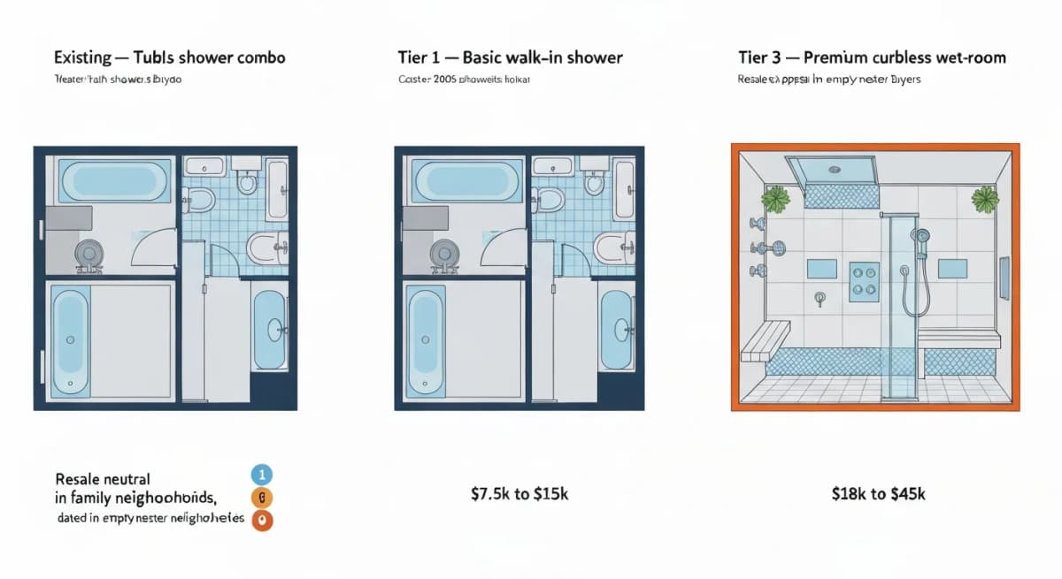 Three-panel comparison diagram showing master bath conversion options — panel 1 conventional tub-and-shower combination (existing condition), panel 2 large walk-in shower replacing the tub footprint (60 by 36 inches), panel 3 curbless wet-room style with bench, multiple showerheads, and accessibility features — each labeled with cost ranges and resale appeal scoring