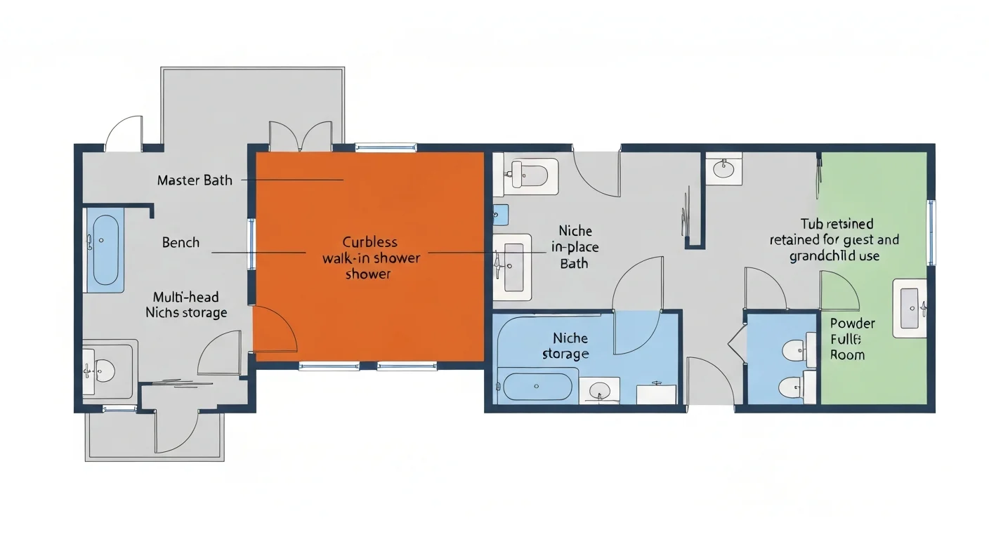 Architectural floor plan diagram of a typical Boise 3-bath home showing the master bath, secondary full bath, and powder room layout — with the master bath highlighted to show the proposed conversion from tub-and-shower combination to a generous curbless walk-in shower, the secondary full bath retaining its tub for guest and grandchild use, and the powder room serving as the third bath count for resale purposes