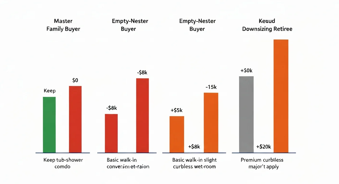 Comparison bar chart showing master bathroom resale impact analysis for Boise market — three columns comparing the resale impact of 'keep existing tub-shower combo', 'basic walk-in shower conversion', and 'premium curbless walk-in shower' for different buyer demographics (family buyers, professional empty-nesters, downsizing retirees) — with dollar-value impact ranges and days-on-market data