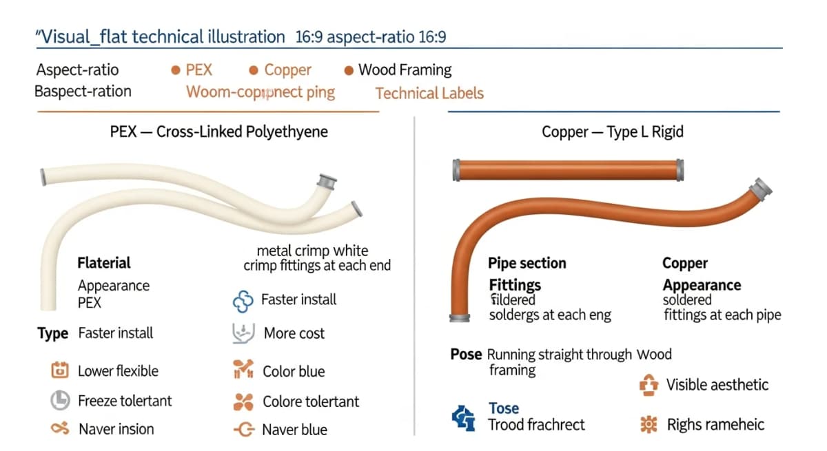 Diagram: side-by-side comparison of PEX and copper replacement options for residential supply lines — left side shows PEX flexible tubing with crimp fittings labeled with cost per linear foot and installation speed, right side shows copper rigid pipe with soldered fittings labeled with same comparison metrics