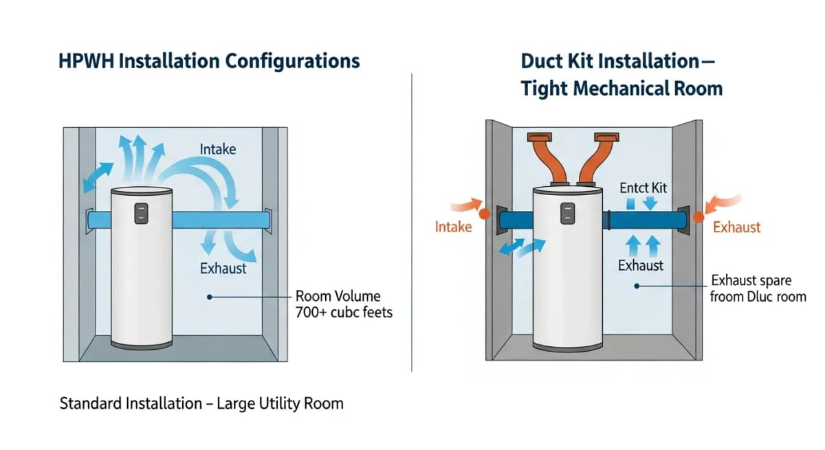 Diagram: cross-section showing two HPWH installation approaches for tight mechanical rooms — left side shows standard installation in a large utility room with adequate air volume, right side shows ducted installation kit that draws air from an adjacent room and exhausts cooler air outside or to another room, allowing HPWH installation in smaller mechanical rooms below the 700 cubic foot threshold
