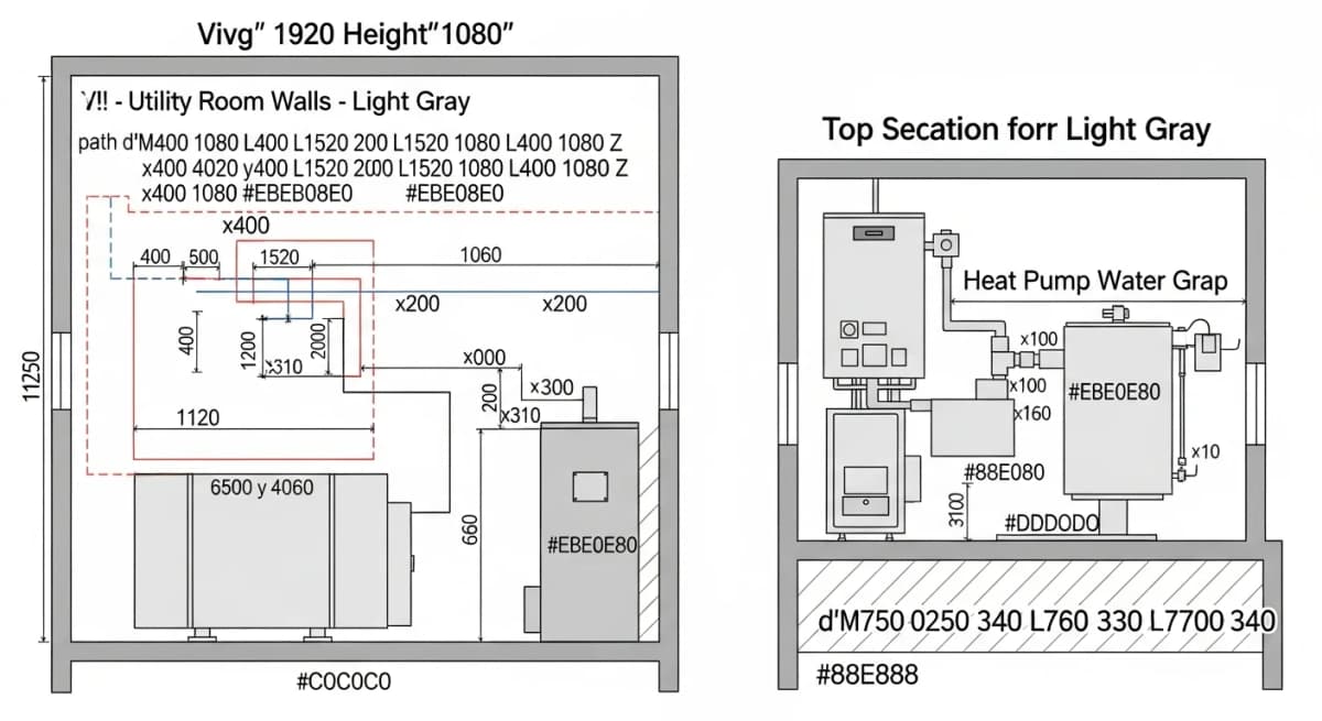 Diagram: mechanical room cross-section showing the footprint and clearance requirements for a residential heat pump water heater — 700 cubic foot minimum air volume around the unit, 7-inch top clearance for vertical exhaust airflow, 4-inch side clearance, condensate drain line, and 240V dedicated circuit