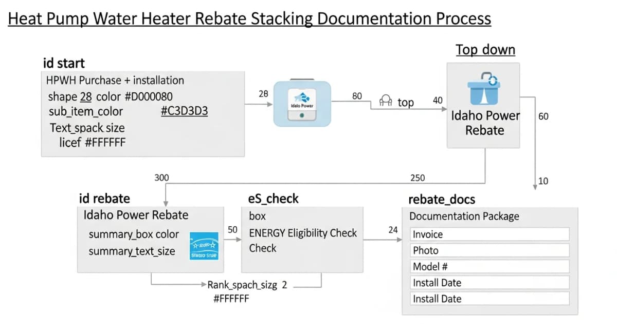Flowchart: decision-tree diagram showing the rebate-stacking process — start with HPWH purchase, branch into Idaho Power rebate qualification check, parallel branch into IRA Section 25C tax credit eligibility, both flowing into combined documentation submission with Energy Star certification, manufacturer model number, installation invoice, and Boise PDS permit number