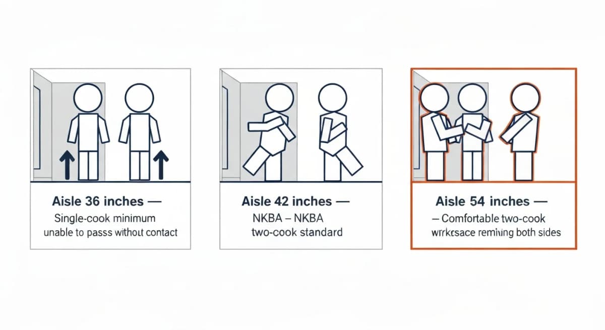 Comparison diagram showing three kitchen aisle width configurations — 36 inches labeled as single-cook standard with single-figure outlines indicating one person fits, 42 inches labeled as standard two-cook NKBA recommendation with two figures barely passing, 54 inches labeled as comfortable two-cook with two figures passing with workspace, each annotated with the use-case scenarios