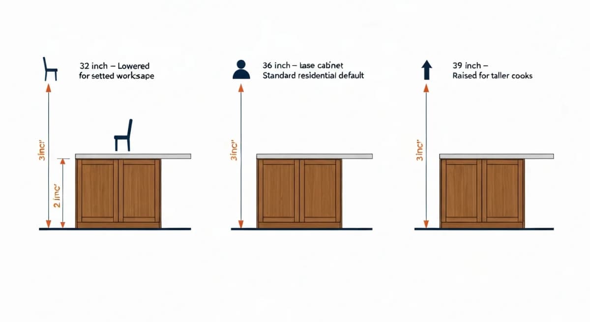 Side-elevation comparison diagram showing three counter height options for multigenerational kitchens — standard 36-inch counter labeled as fits average adults, 32-inch counter labeled as accessible for seated users and shorter cooks, 39-inch counter labeled as ergonomic for taller cooks, each with stylized figures at the appropriate working postures and labels indicating the user demographics best served