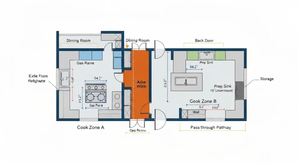 Architectural overhead floor plan diagram of a multigenerational two-cook kitchen with two distinct cooking zones — Cook Zone A with prep counter, primary sink, range, and storage, Cook Zone B with prep counter, secondary prep sink, separate ovens, and storage — connected by a 54-inch wide aisle with a separate pathway zone for non-cook household traffic that doesn't cross either active cook zone, all annotated with dimensions and zone labels