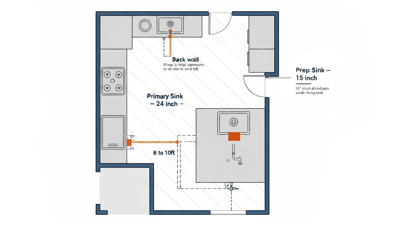 Architectural overhead floor plan diagram showing two sink configurations in a multigenerational kitchen — primary sink (24-inch undermount) at the perimeter wall for main cleanup, secondary prep sink (15-inch undermount) at the island for vegetable prep and produce washing, with annotations showing typical cook positions and water-line routing requirements for the second sink, plus labeled distances between fixtures