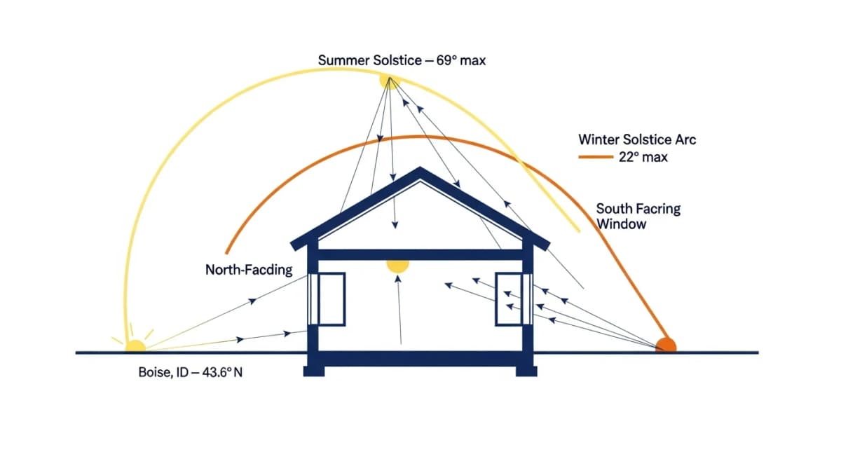 Diagram: solar elevation chart for Boise at 43.6 degrees North latitude showing the sun's path across the sky for summer solstice (high arc, 70 degrees above horizon at noon) versus winter solstice (low arc, 22 degrees above horizon at noon), with a labeled north-facing window receiving sunlight in summer but none in winter