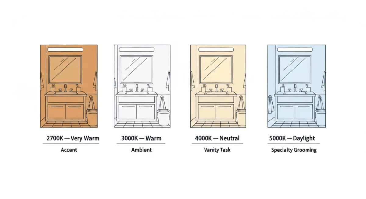 Comparison: four bathroom vanity scenes side by side showing the same space rendered under 2700K (warm yellow-orange), 3000K (warm white), 4000K (neutral cool white), and 5000K (cool bright white) lighting temperatures, with skin-tone rendering differences visible across the four scenes