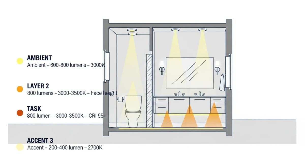 Diagram: bathroom cross-section showing the three-layer lighting plan — ambient layer (recessed ceiling lights), task layer (vanity sconces flanking the mirror), and accent layer (toe-kick LED strip and shower niche light) — each labeled with target lumen output and Kelvin range