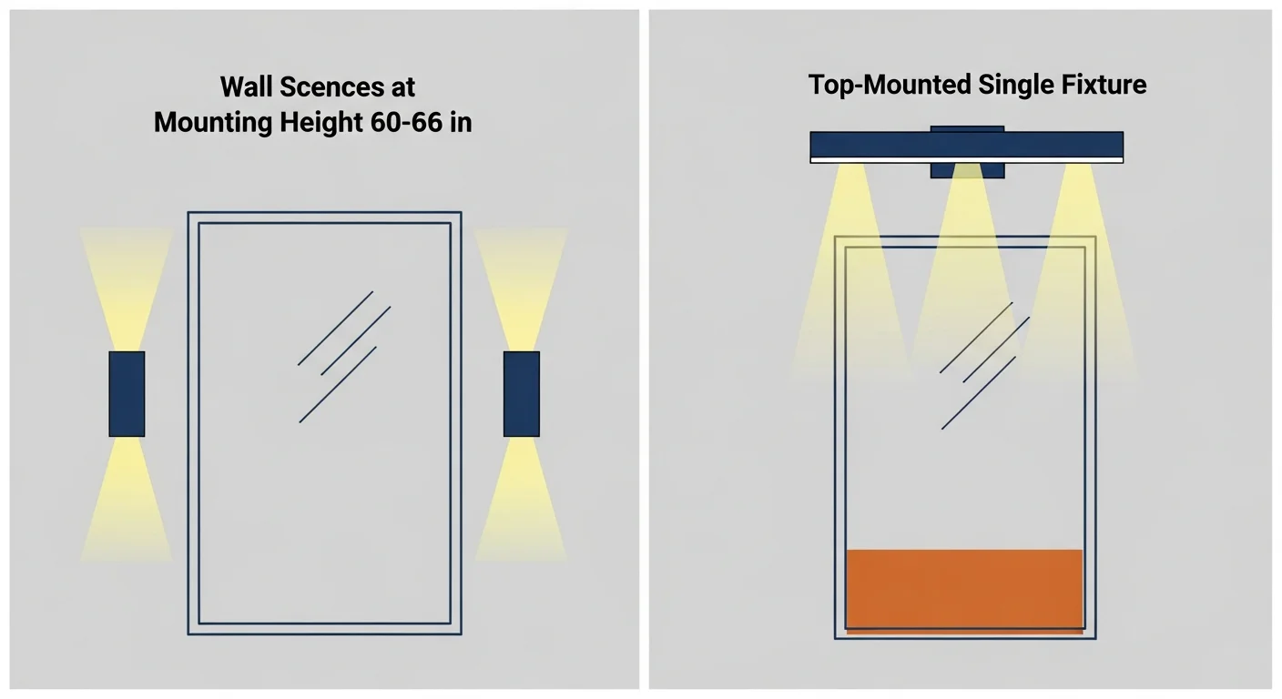 Diagram: comparison of two vanity lighting placements — wall-mounted sconces flanking the mirror at face level on the left (correct), and a single top-mounted fixture above the mirror on the right (incorrect), with shadow patterns illustrated for each configuration