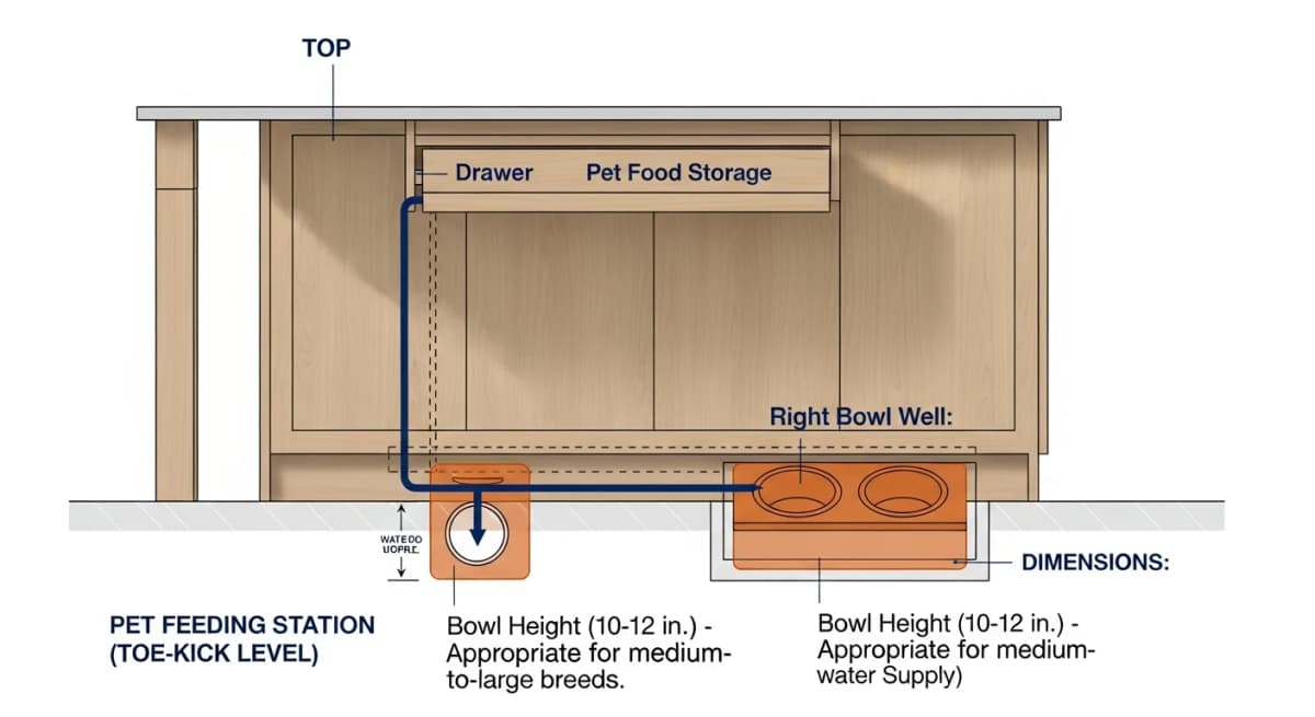 Diagram: cross-section of a kitchen island with an integrated plumbed feeding station built into the toe-kick — recessed bowls for food and water at floor level, a small built-in plumbing line providing automatic water-bowl refill, a labeled storage drawer above for pet food, and a small label noting the dimensions appropriate for medium-to-large breeds