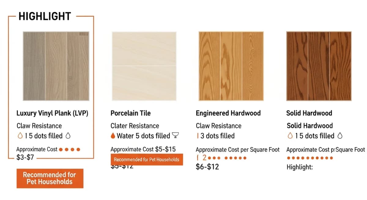 Comparison: four flooring materials ranked for pet durability — luxury vinyl plank, porcelain tile, engineered hardwood, and traditional hardwood — each shown with a claw-resistance rating, water-resistance rating, and cost per square foot, with the pet-recommended options highlighted in burnt orange