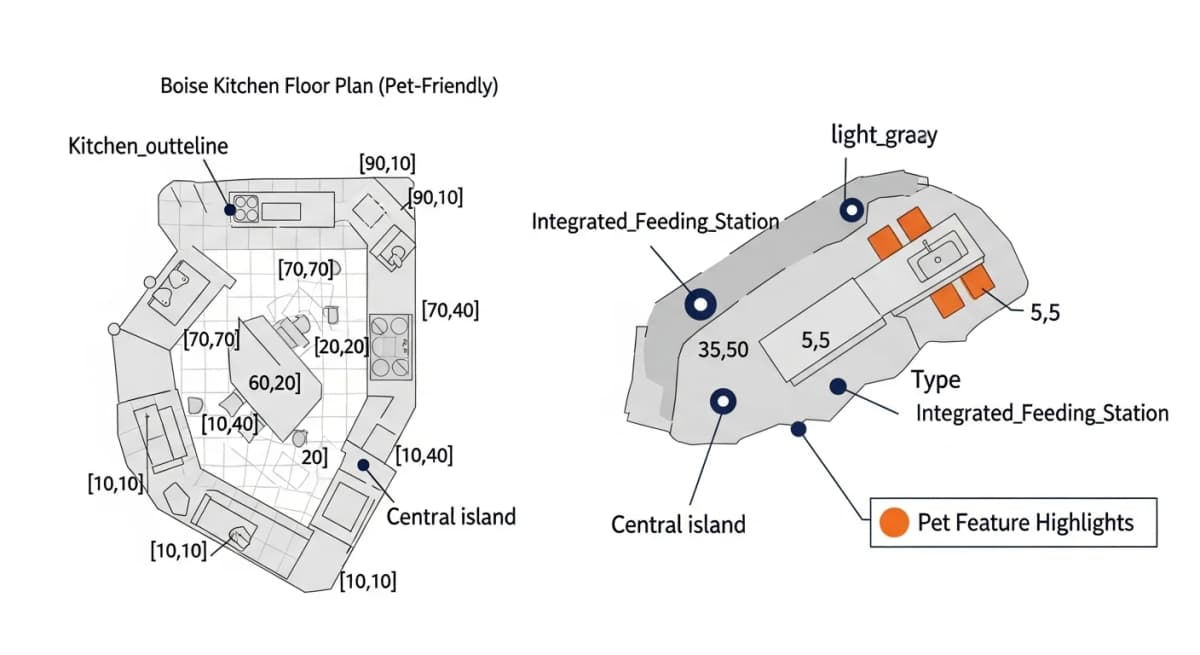Diagram: overhead floor plan view of a pet-friendly Boise kitchen showing the integrated design features — plumbed feeding station in the island toe-kick, scratch-resistant flooring zones marked, durable cabinet base materials, transition zone to a mudroom with paw-cleaning bench, with each pet-specific feature highlighted in burnt orange