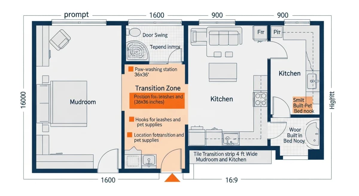 Diagram: overhead plan view showing the kitchen-to-mudroom transition zone for pet households — a small paw-washing station near the door, a tile or stone transition strip, hooks for leashes and pet supplies, a built-in bench for boot/shoe removal, and integrated air-curtain or weatherstripping to control debris from pets entering from outside