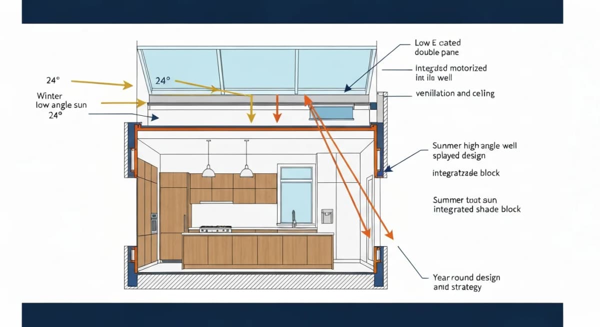 Architectural cross-section diagram of a residential kitchen showing a skylight installation in the ceiling — labeled skylight glazing with low-E coating, integrated shade in the well, sun-path arrows showing winter low-angle sun penetrating deep into the kitchen and summer high-angle sun mostly blocked by the architectural well design, ventilation tube and operable opening visible