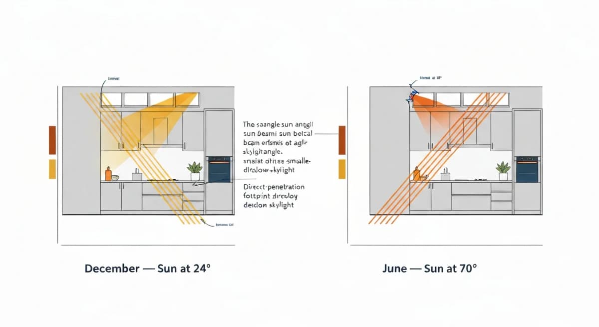 Side-elevation diagram showing the same kitchen at two seasons — left side December sun at low angle (24 degrees above horizon) penetrating deep through the skylight into the kitchen, right side June sun at high angle (70 degrees) creating a much smaller direct penetration footprint due to the higher angle — annotated with energy gain implications