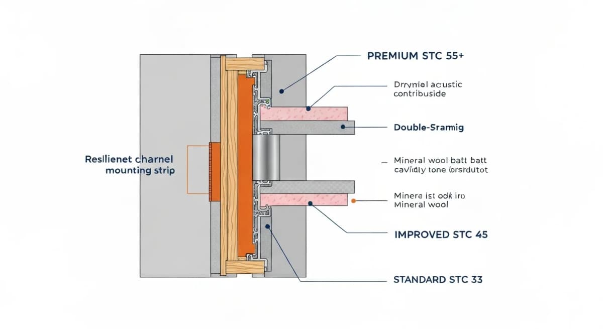 Architectural cross-section diagram of a residential wall assembly showing layered sound isolation construction — labeled drywall, resilient channel mounting, mineral wool batt insulation in the stud cavity, double-stud or staggered-stud framing, and another layer of drywall on the opposite side — with STC rating callouts for each layer level (standard STC 33, improved STC 45, premium STC 55+)