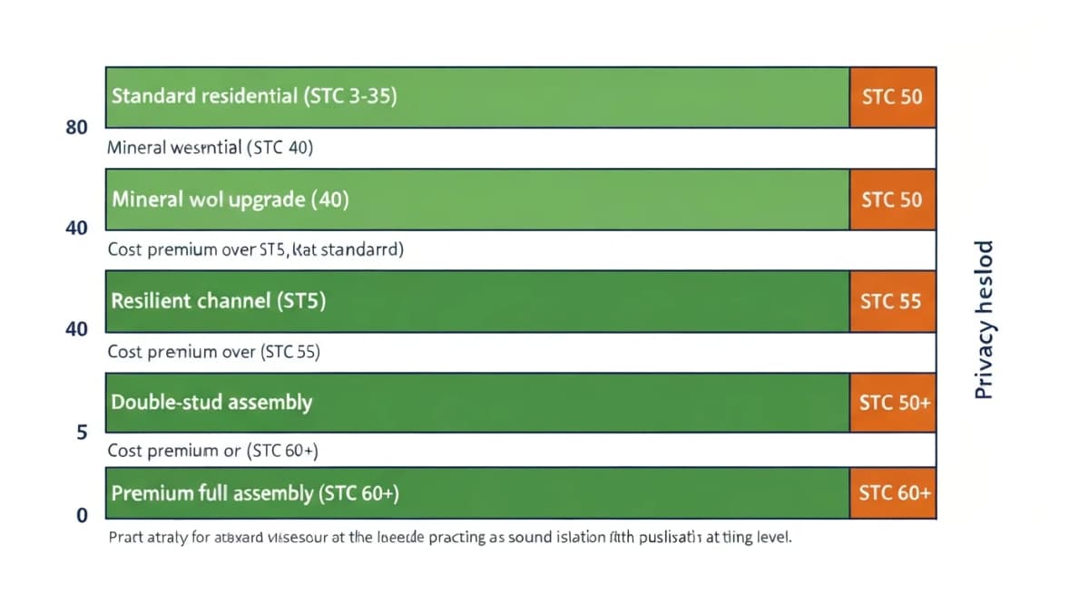 Bar chart in flat technical illustration style showing STC ratings for five wall assembly configurations — standard residential (STC 30-35), improved with mineral wool (STC 40), improved with resilient channel (STC 45), double-stud assembly (STC 55), and full premium assembly with all layers (STC 60+) — each labeled with cost premium over standard and the practical sound-transmission characteristics