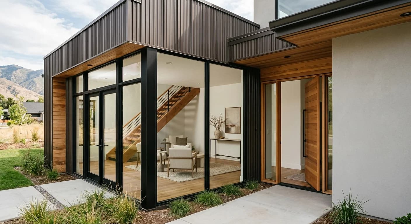 Standing seam metal siding on a modern farmhouse in a Boise development