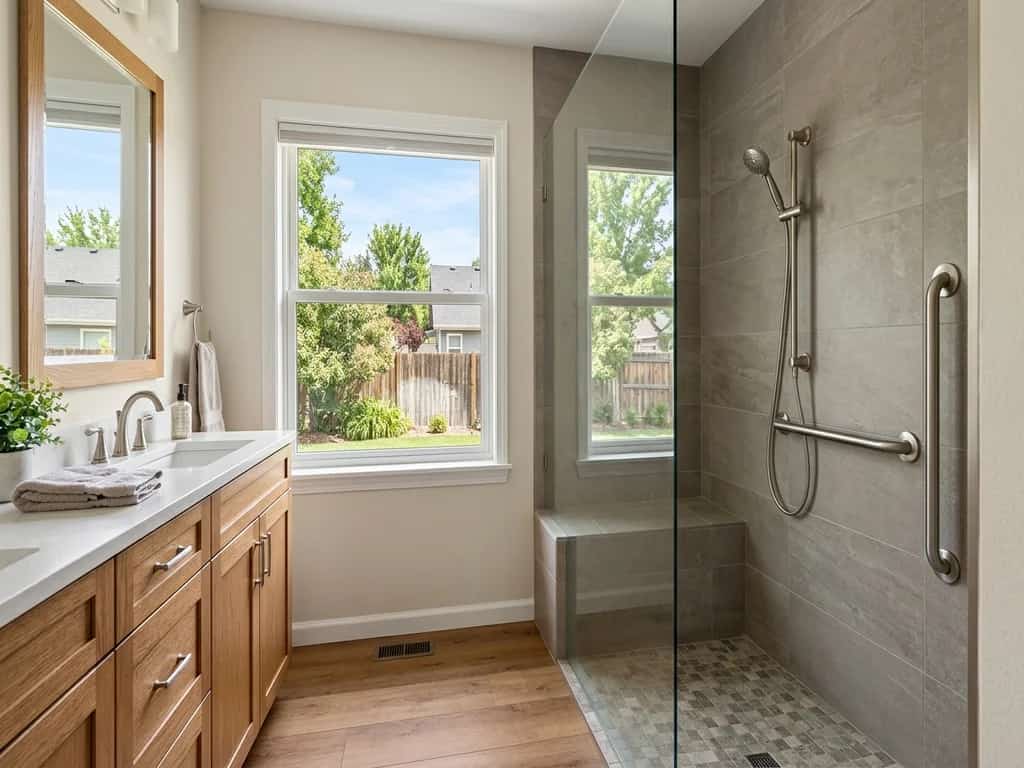 Zero-threshold walk-in shower with a built-in bench and integrated grab bars