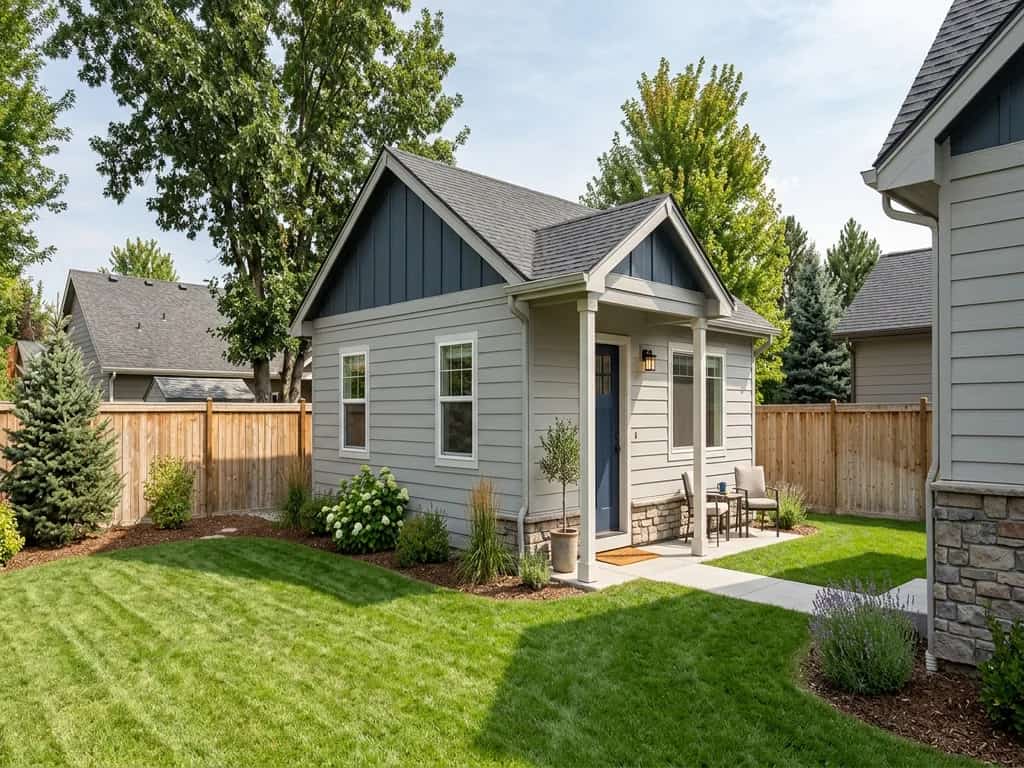 Detached backyard ADU with a covered porch entry and siding matching the main house