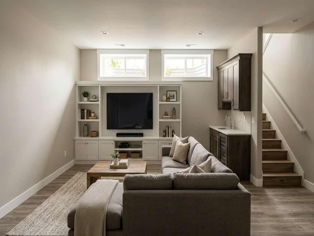 Finished basement family room with a built-in media wall and recessed lighting