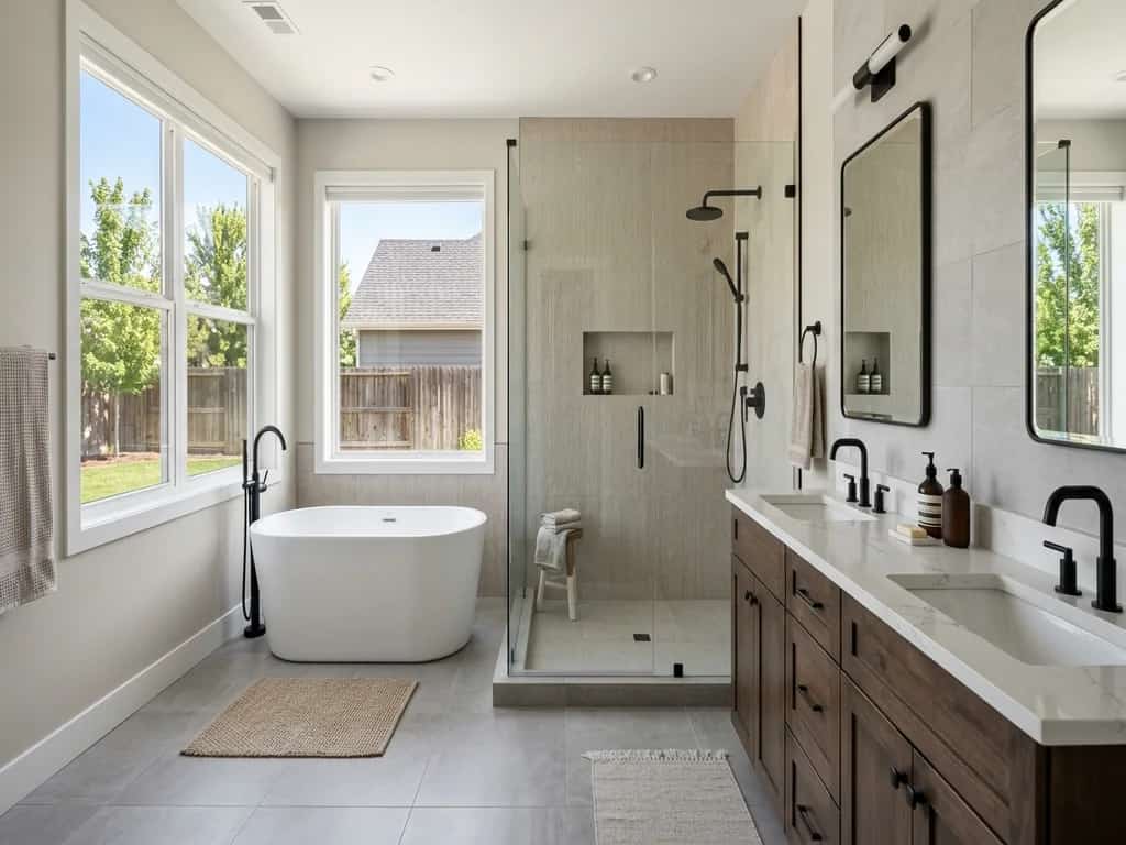Renovated primary bathroom with a frameless glass shower and double wood vanity